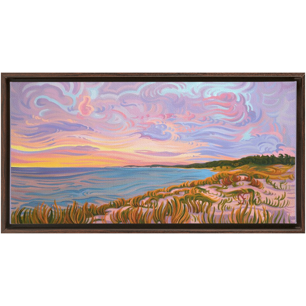 Lake Michigan Shoreline Sunset Painting, Framed Canvas Print - “Pastel Sky”