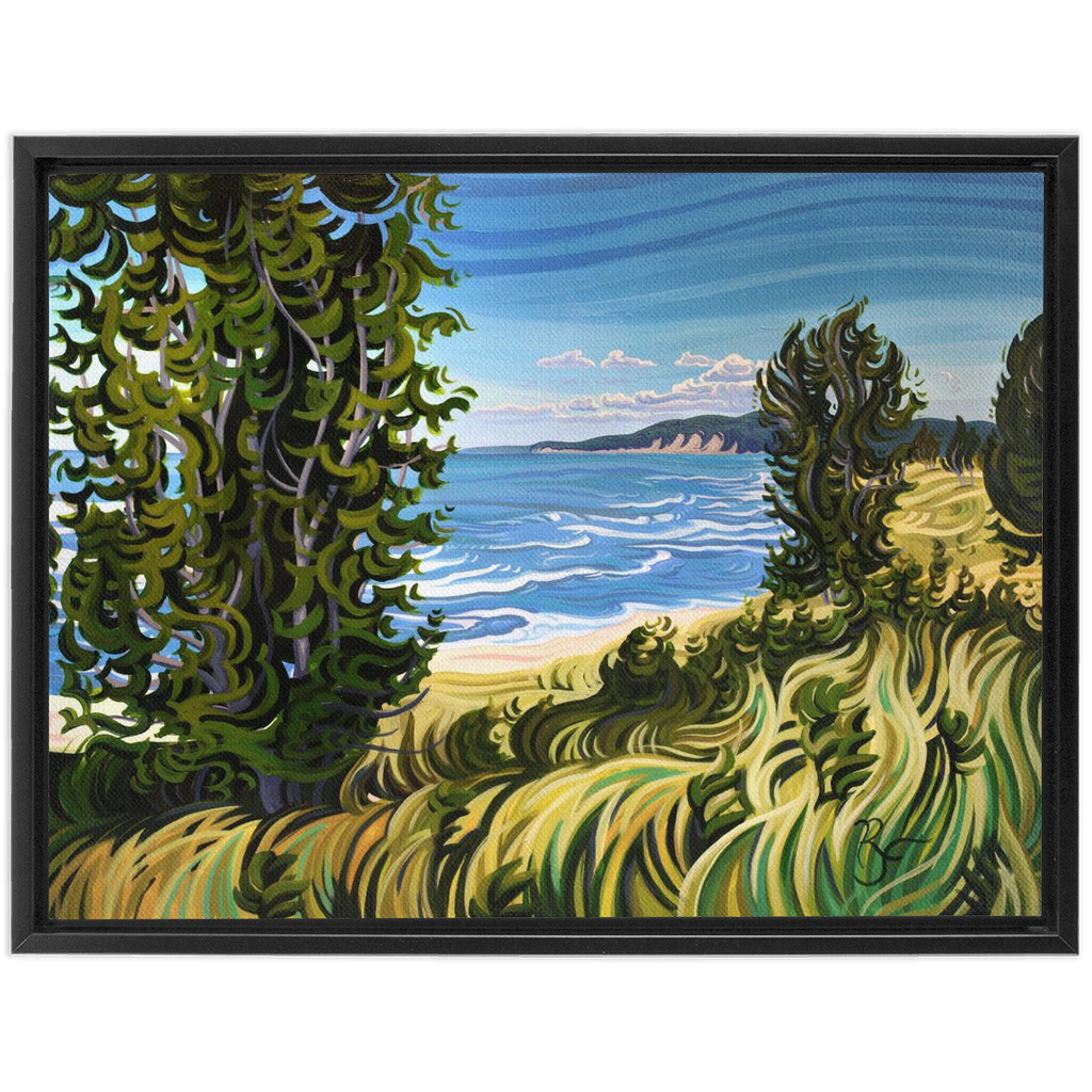 Lake Michigan Beach Painting, Oval Beach Framed Canvas Print - “Conservation at It's Best”