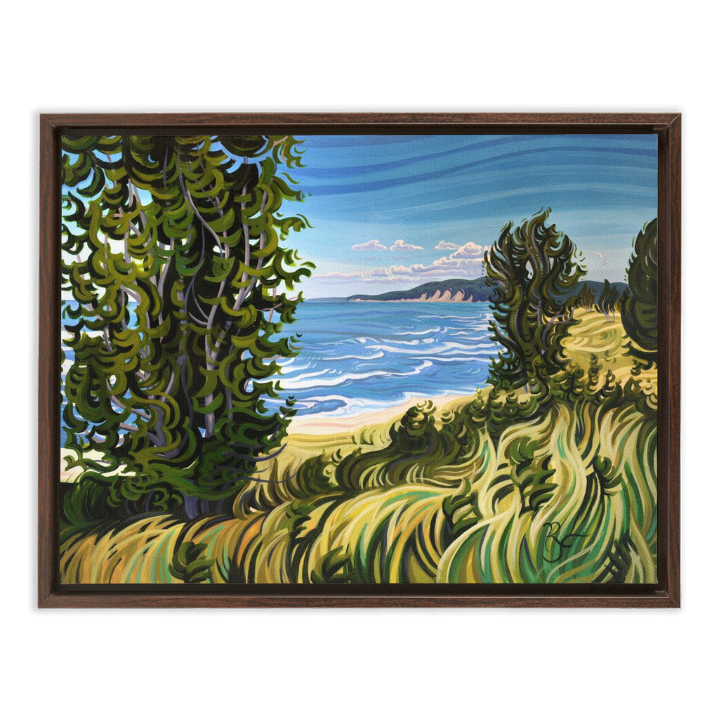 Lake Michigan Beach Painting, Oval Beach Framed Canvas Print - “Conservation at It's Best”