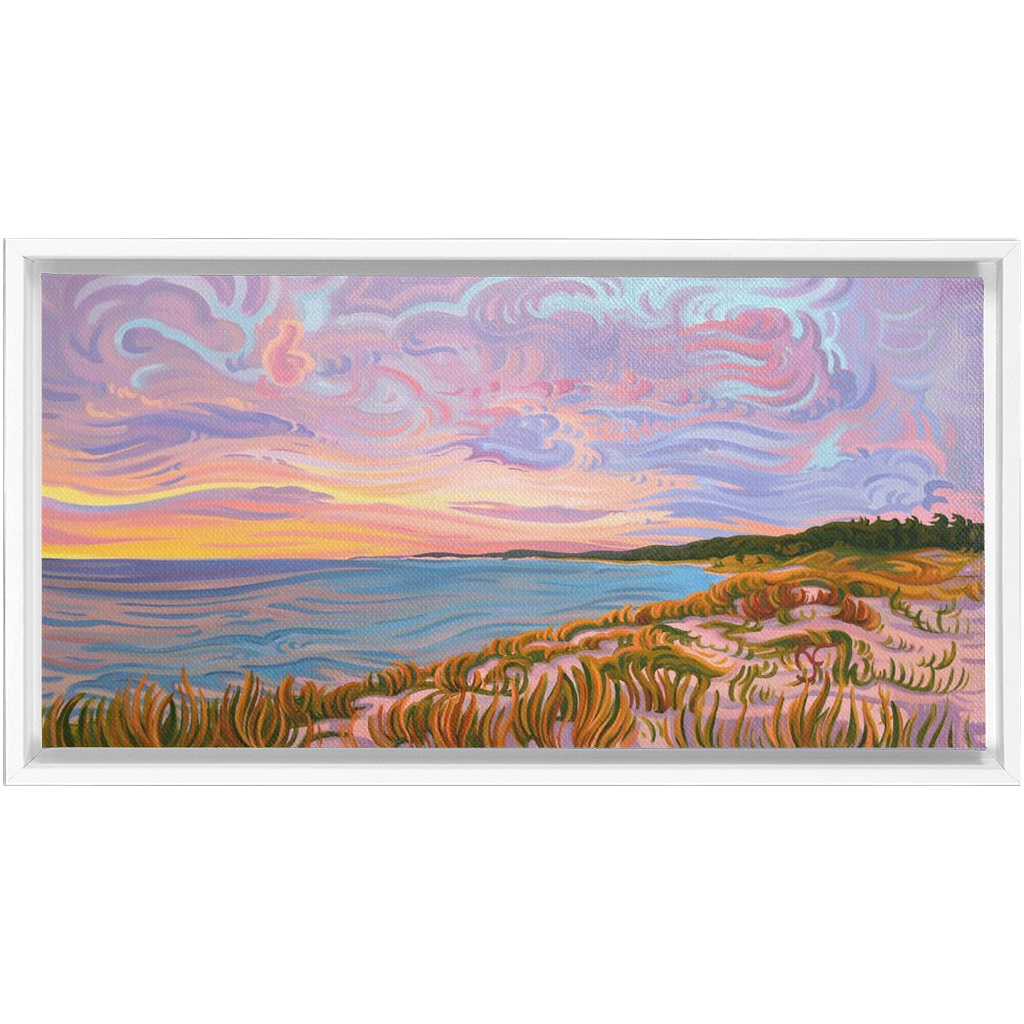 Lake Michigan Shoreline Sunset Painting, Framed Canvas Print - “Pastel Sky”