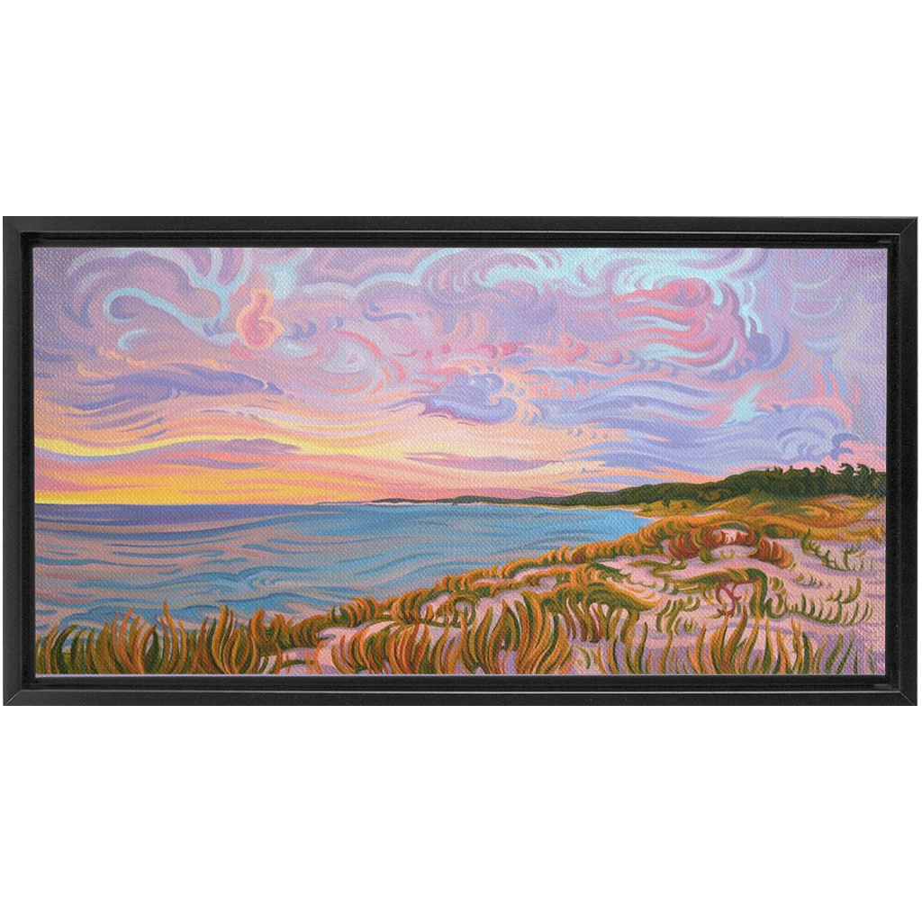 Lake Michigan Shoreline Sunset Painting, Framed Canvas Print - “Pastel Sky”