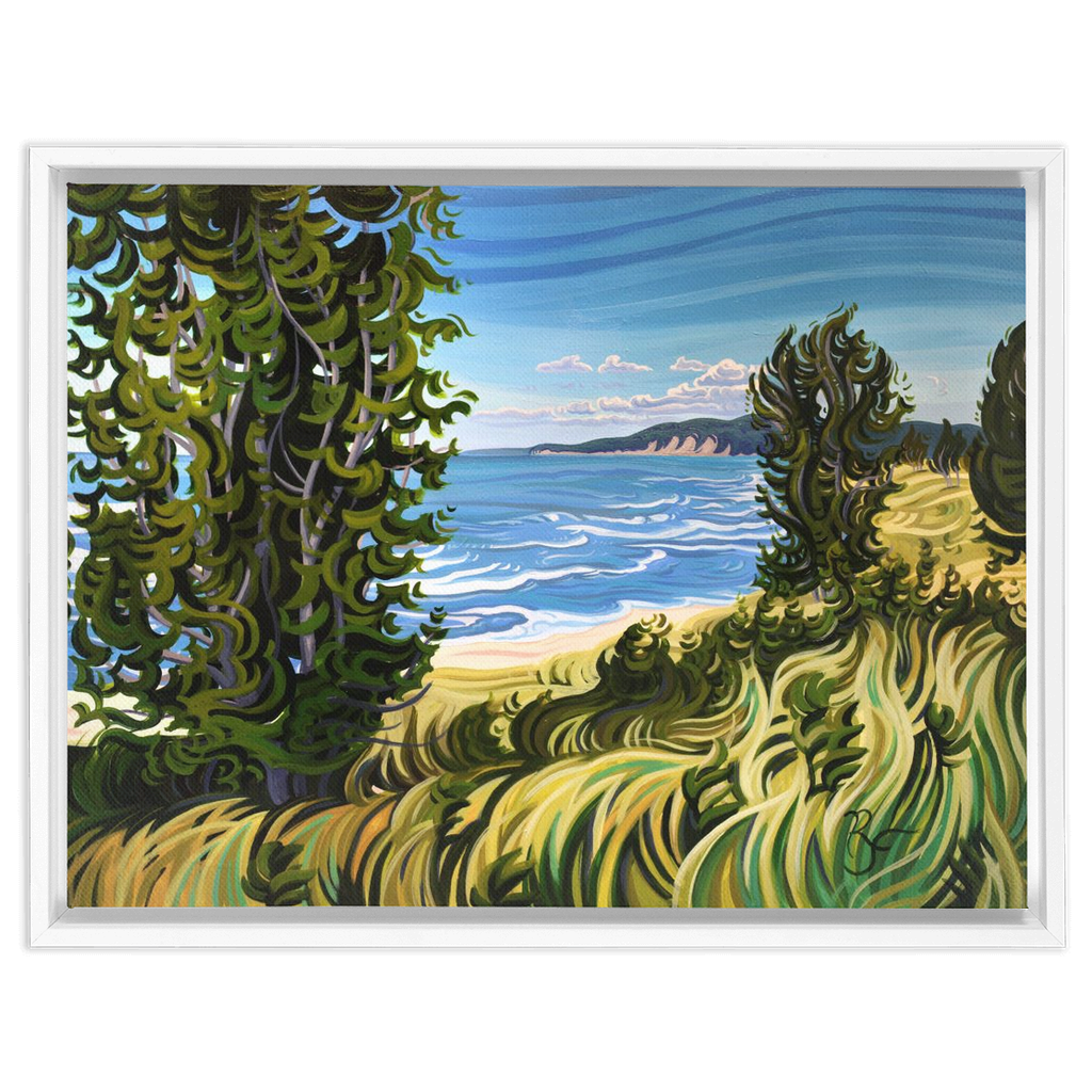 Lake Michigan Beach Painting, Oval Beach Framed Canvas Print - “Conservation at It's Best”