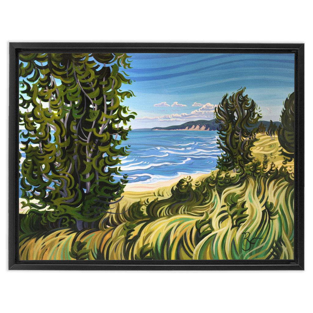 Lake Michigan Beach Painting, Oval Beach Framed Canvas Print - “Conservation at It's Best”