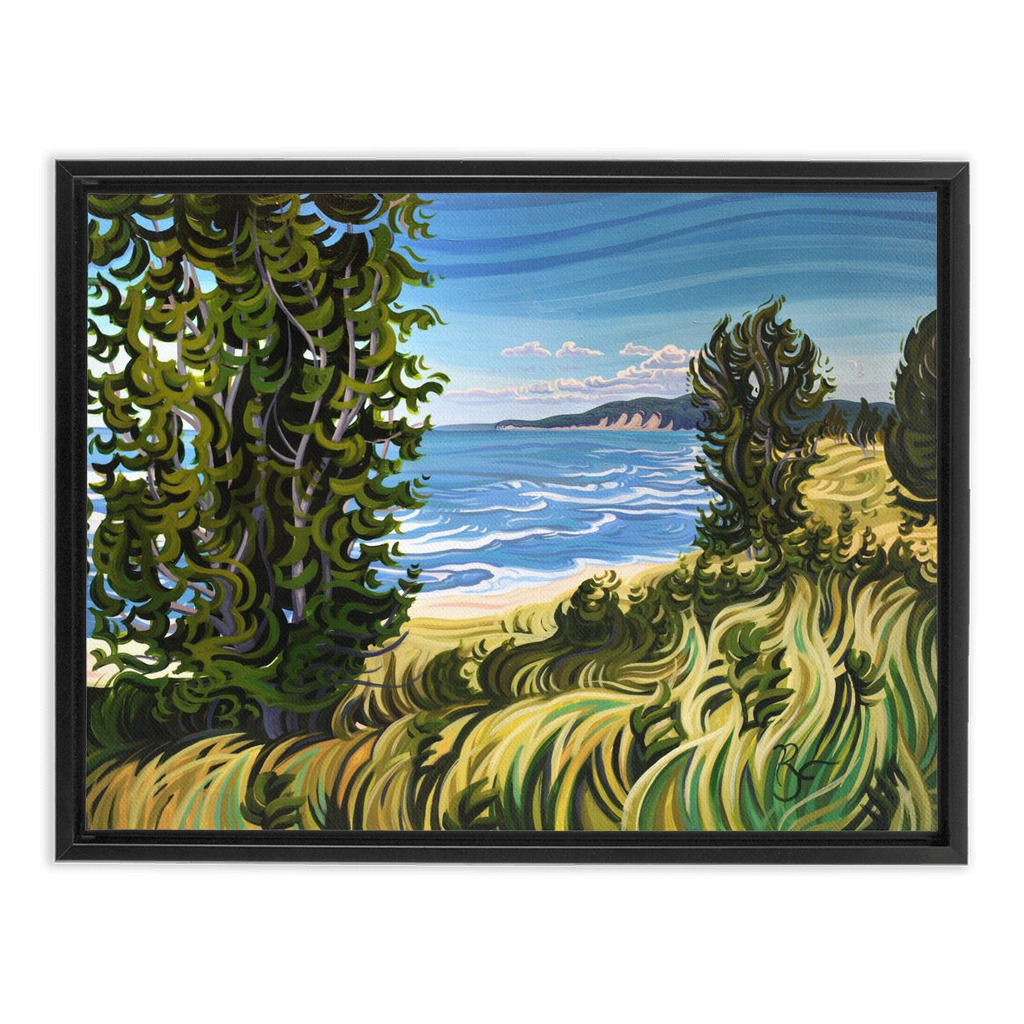 Lake Michigan Beach Painting, Oval Beach Framed Canvas Print - “Conservation at It's Best”