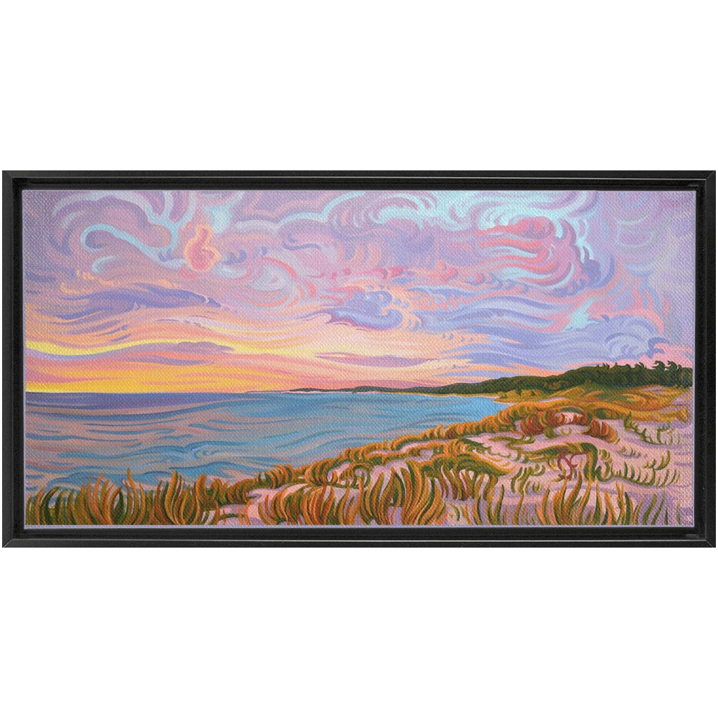 Lake Michigan Shoreline Sunset Painting, Framed Canvas Print - “Pastel Sky”