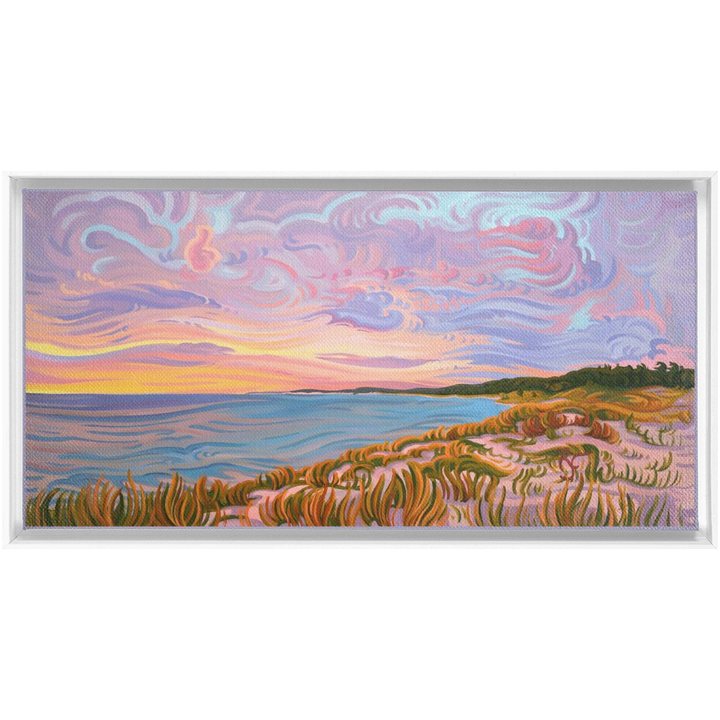 Lake Michigan Shoreline Sunset Painting, Framed Canvas Print - “Pastel Sky”