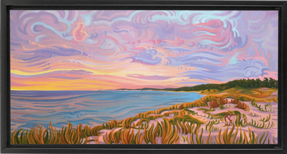 Lake Michigan Shoreline Sunset Painting, Framed Canvas Print - “Pastel Sky”