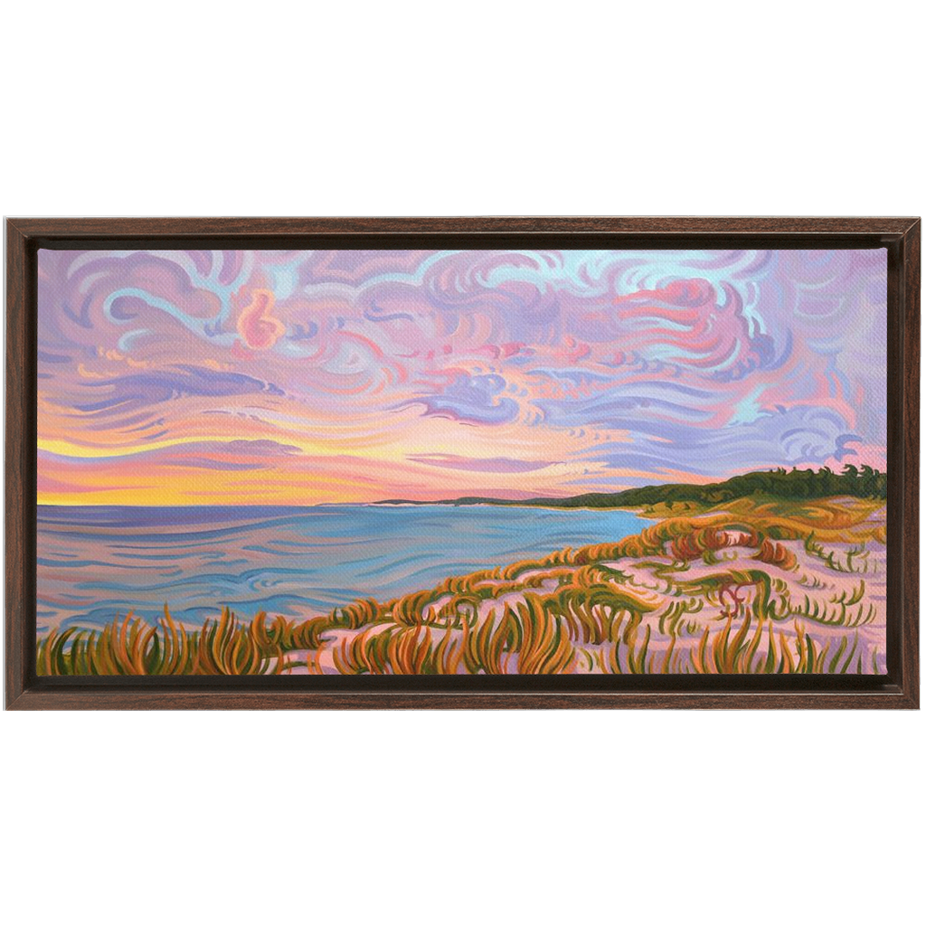 Lake Michigan Shoreline Sunset Painting, Framed Canvas Print - “Pastel Sky”