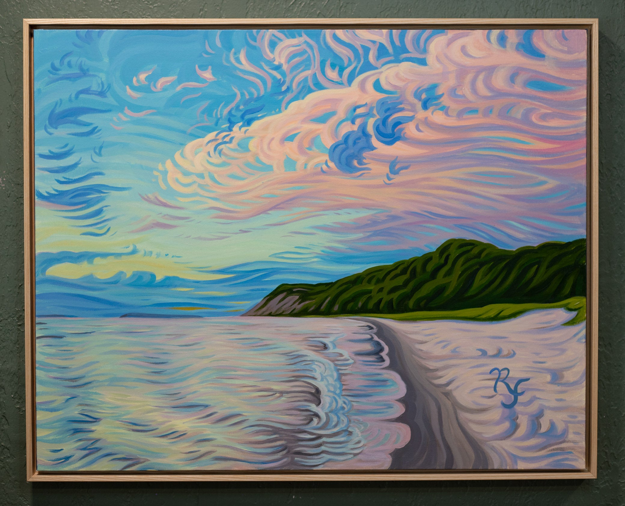 Beach Sunset Original Painting, Sleeping Bear Dunes, Empire Bluff, Esch Beach, Lake Michigan - "Radiant Light 24" x 30""