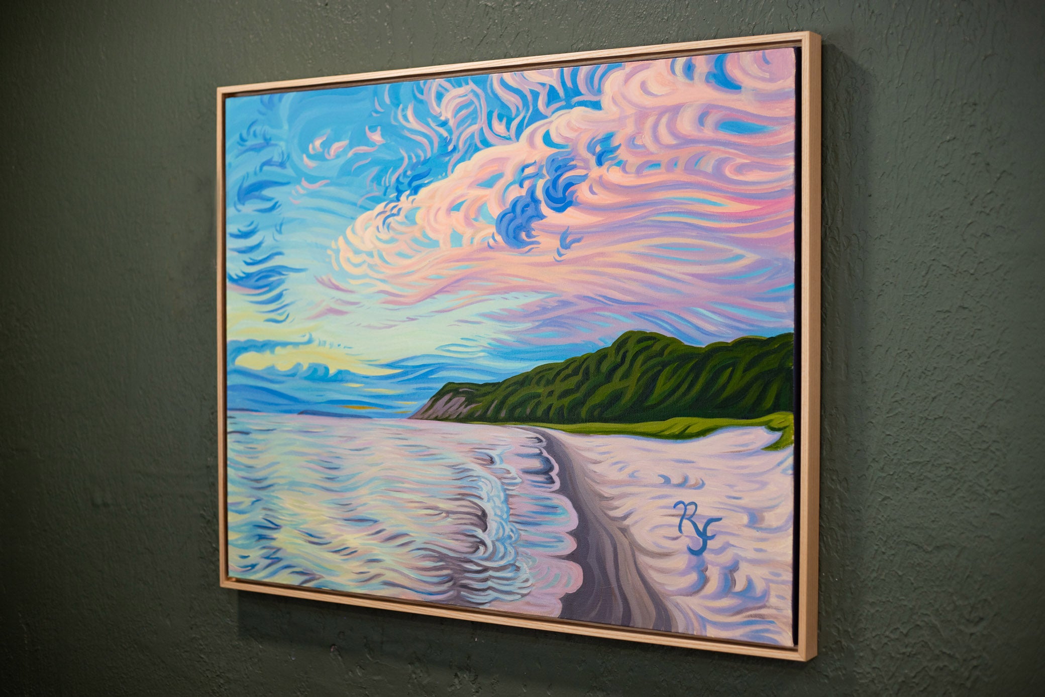 Beach Sunset Original Painting, Sleeping Bear Dunes, Empire Bluff, Esch Beach, Lake Michigan - "Radiant Light 24" x 30""