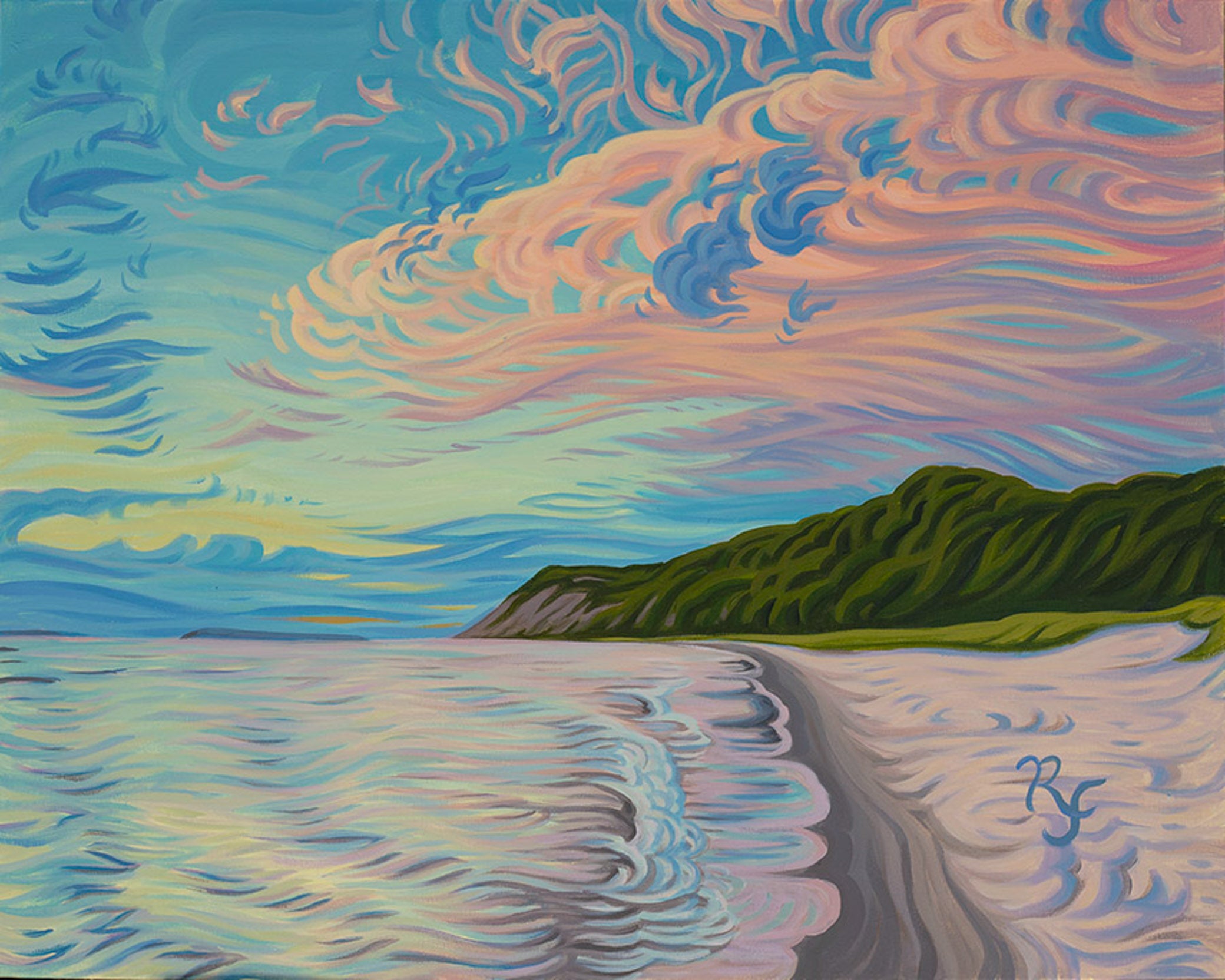 Beach Sunset Painting, Sleeping Bear Dunes, Empire Bluff, Lake Michigan, Fine Art Paper Print - “Radiant Light”
