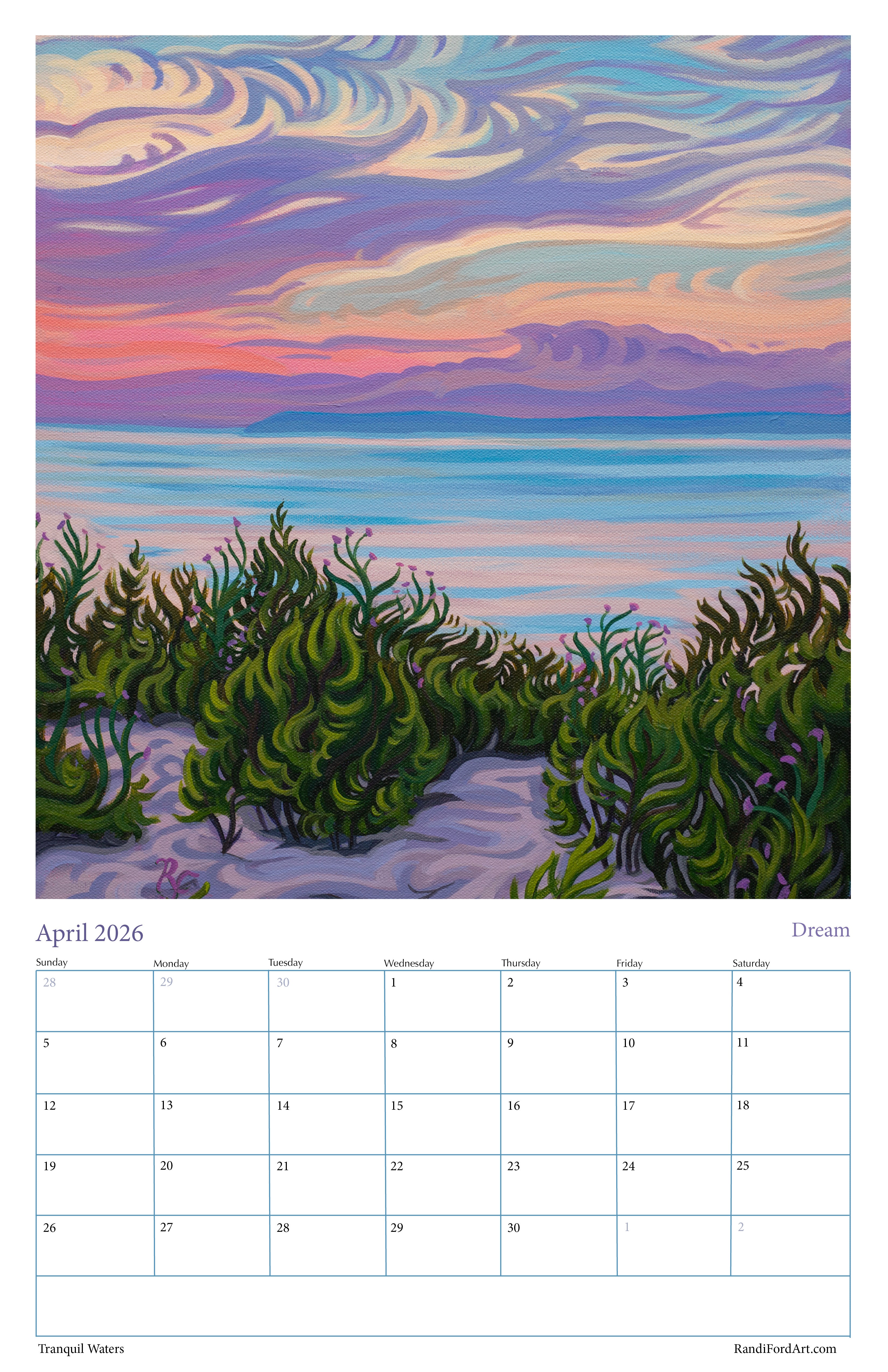 Tranquil Waters 2026 Calendar
