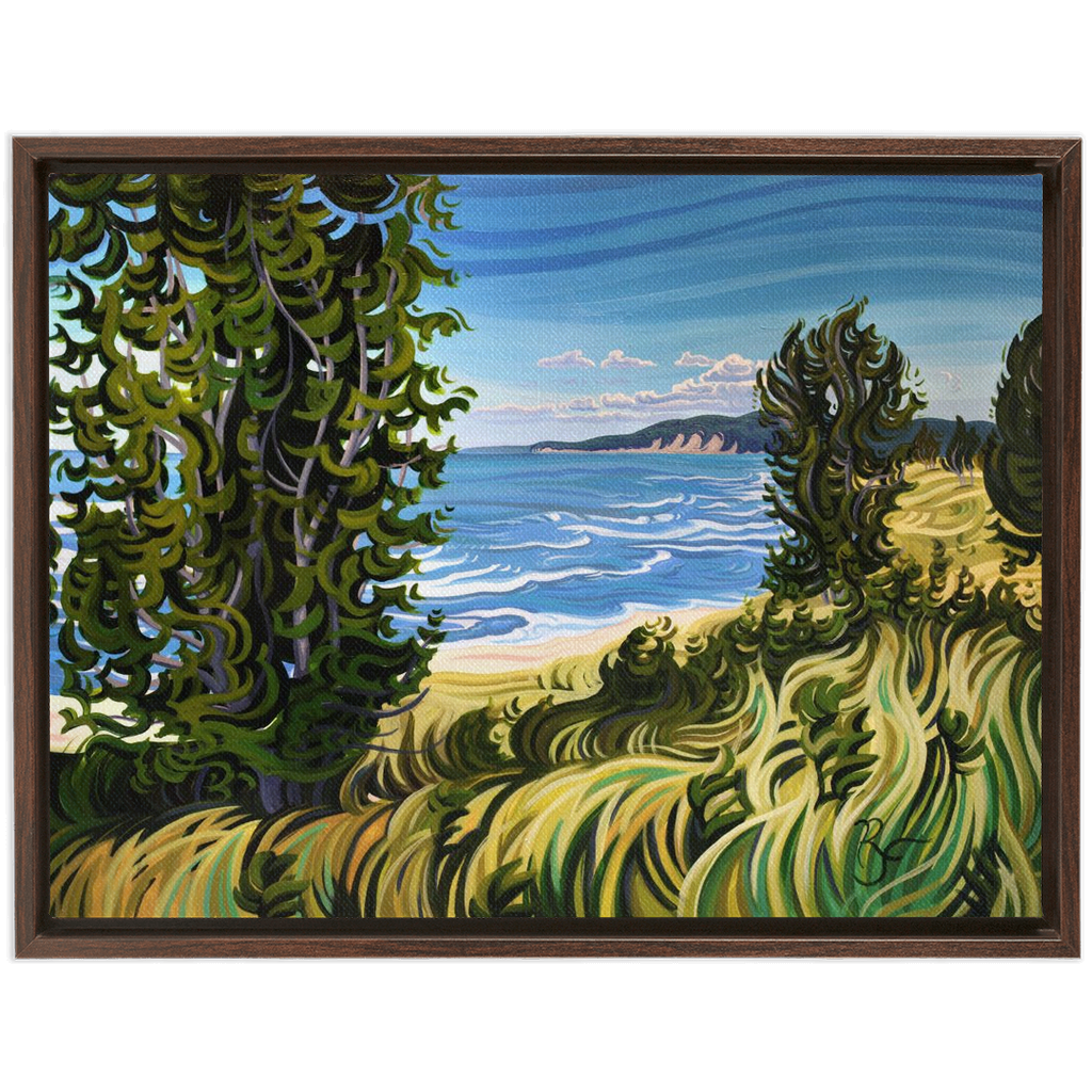 Lake Michigan Beach Painting, Oval Beach Framed Canvas Print - “Conservation at It's Best”