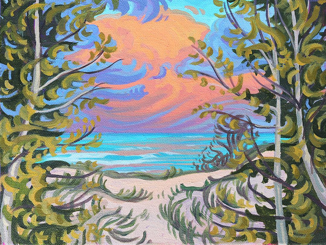 Warm Light 8"x10" Lake Michigan Sunset, Beach, Birches
