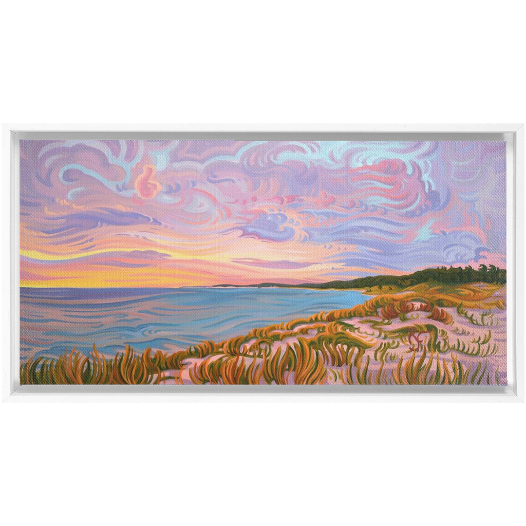 Lake Michigan Shoreline Sunset Painting, Framed Canvas Print - “Pastel Sky”
