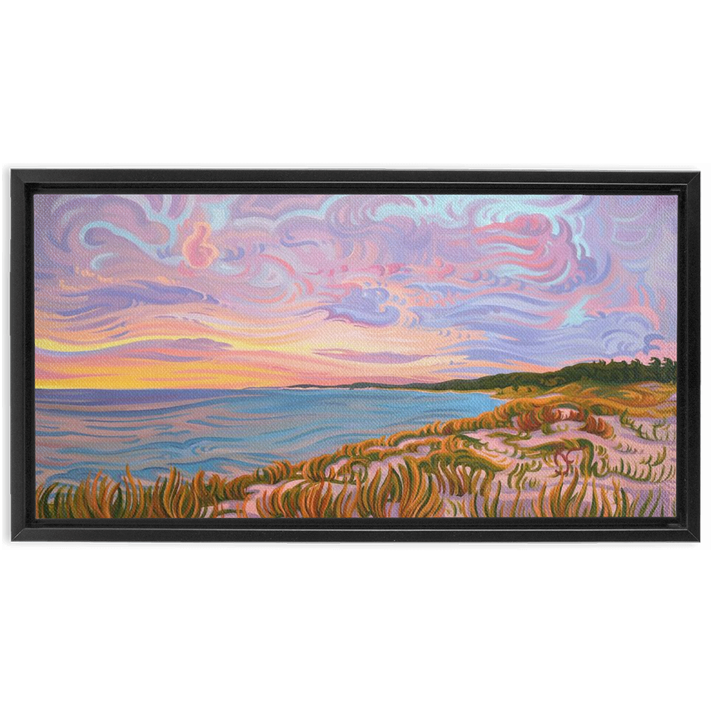 Lake Michigan Shoreline Sunset Painting, Framed Canvas Print - “Pastel Sky”