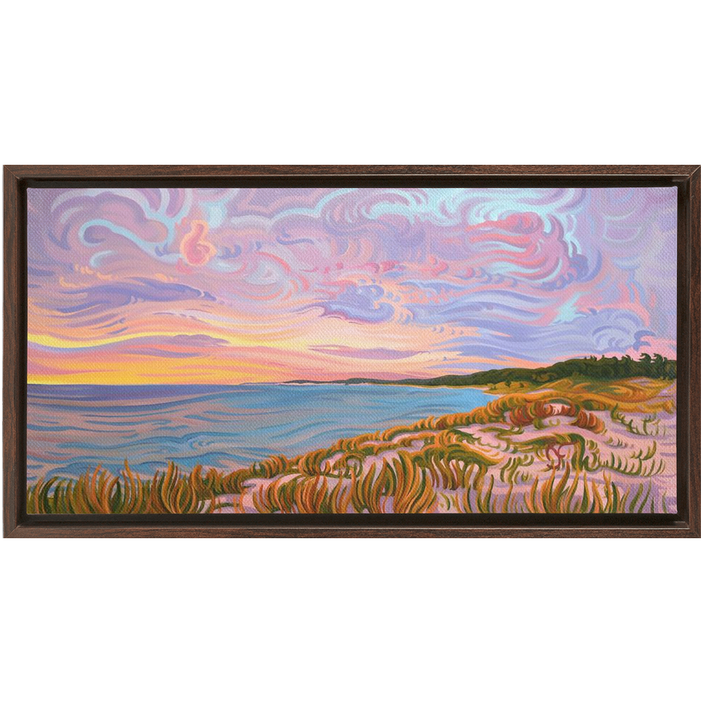 Lake Michigan Shoreline Sunset Painting, Framed Canvas Print - “Pastel Sky”