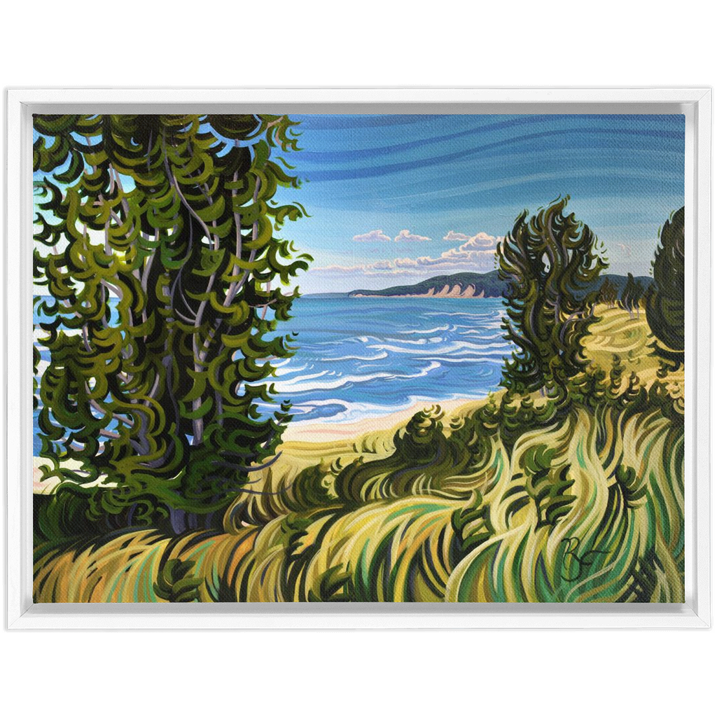 Lake Michigan Beach Painting, Oval Beach Framed Canvas Print - “Conservation at It's Best”