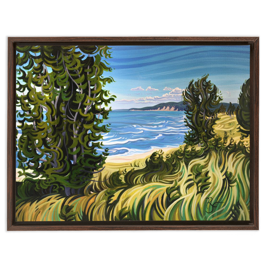 Lake Michigan Beach Painting, Oval Beach Framed Canvas Print - “Conservation at It's Best”