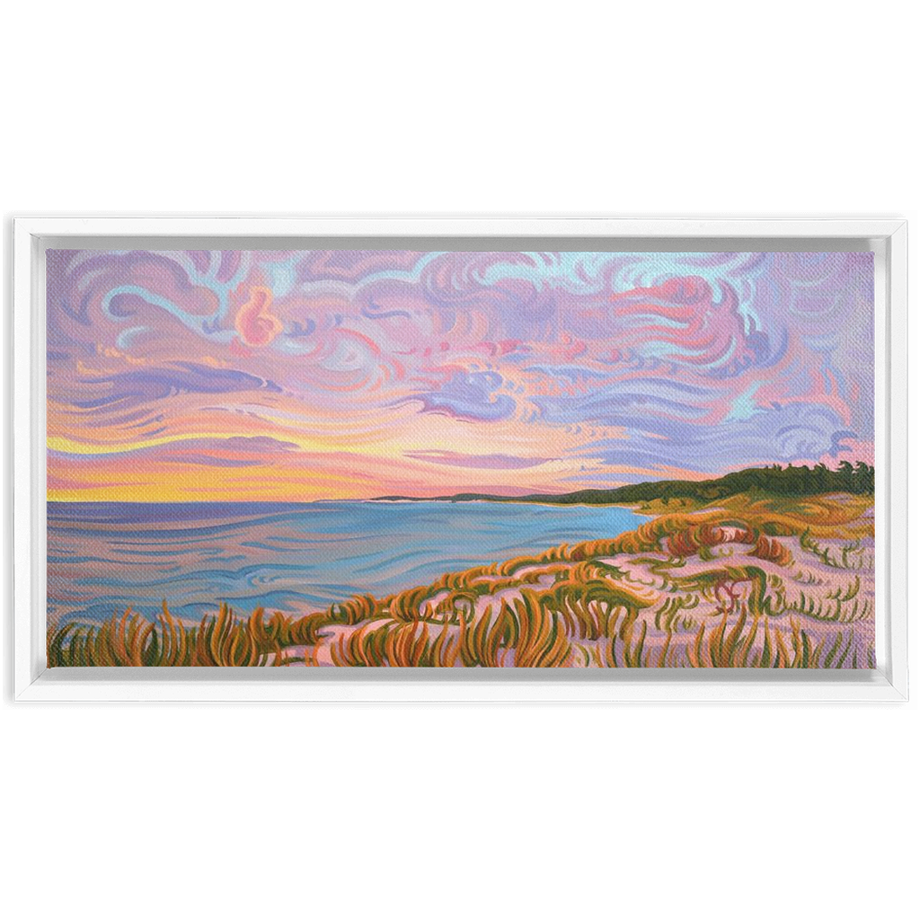 Lake Michigan Shoreline Sunset Painting, Framed Canvas Print - “Pastel Sky”