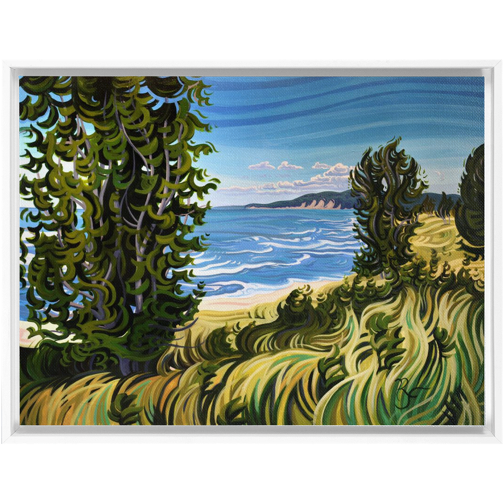 Lake Michigan Beach Painting, Oval Beach Framed Canvas Print - “Conservation at It's Best”