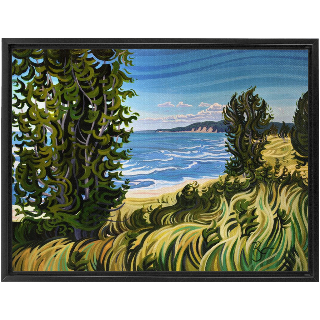 Lake Michigan Beach Painting, Oval Beach Framed Canvas Print - “Conservation at It's Best”