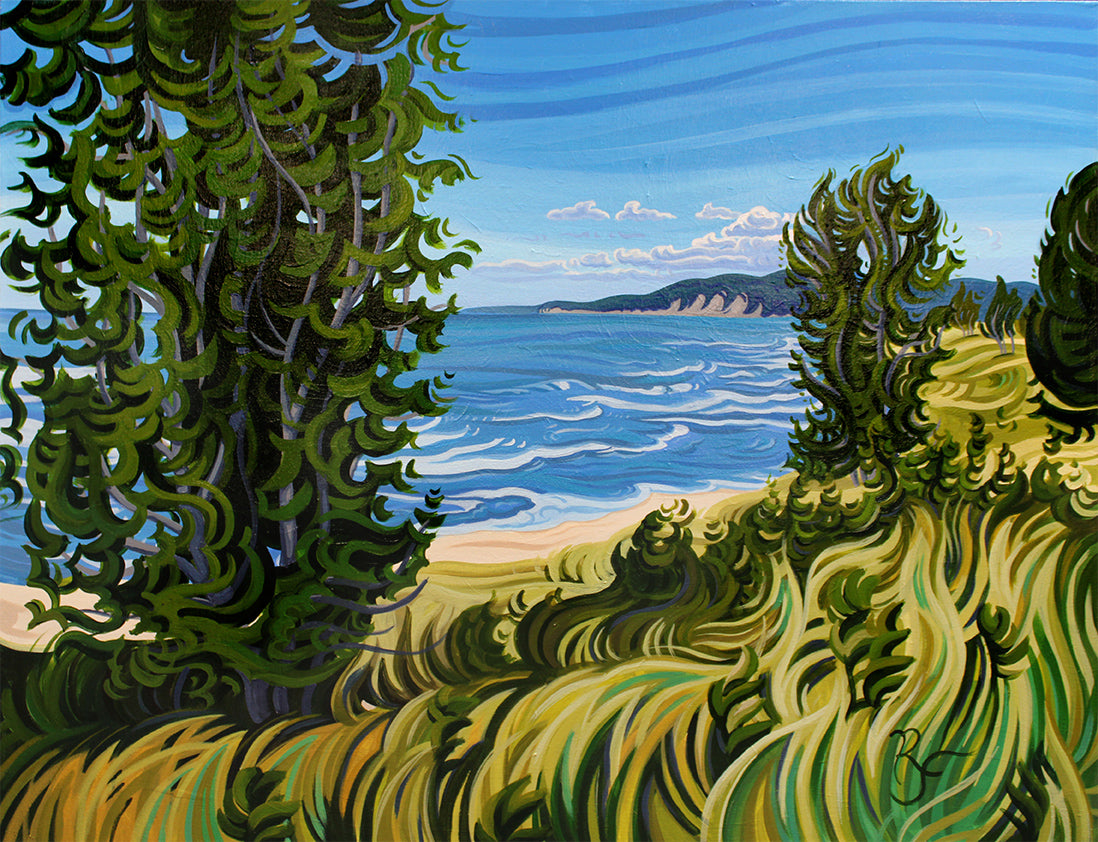 Lake Michigan Beach Painting, Oval Beach Framed Canvas Print - “Conservation at It's Best”