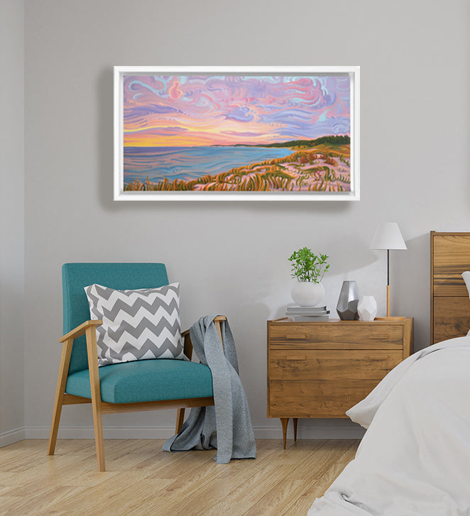 Lake Michigan Shoreline Sunset Painting, Framed Canvas Print - “Pastel Sky”