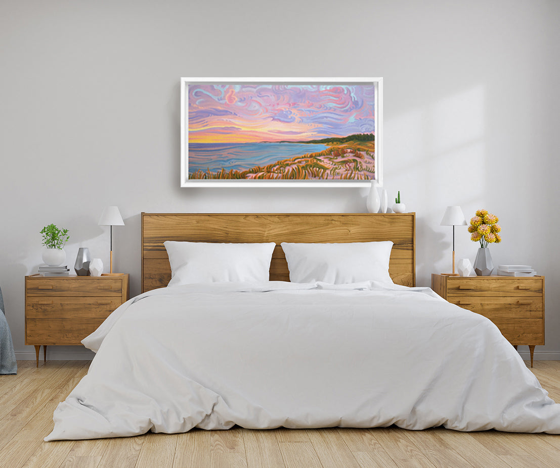 Lake Michigan Shoreline Sunset Painting, Framed Canvas Print - “Pastel Sky”