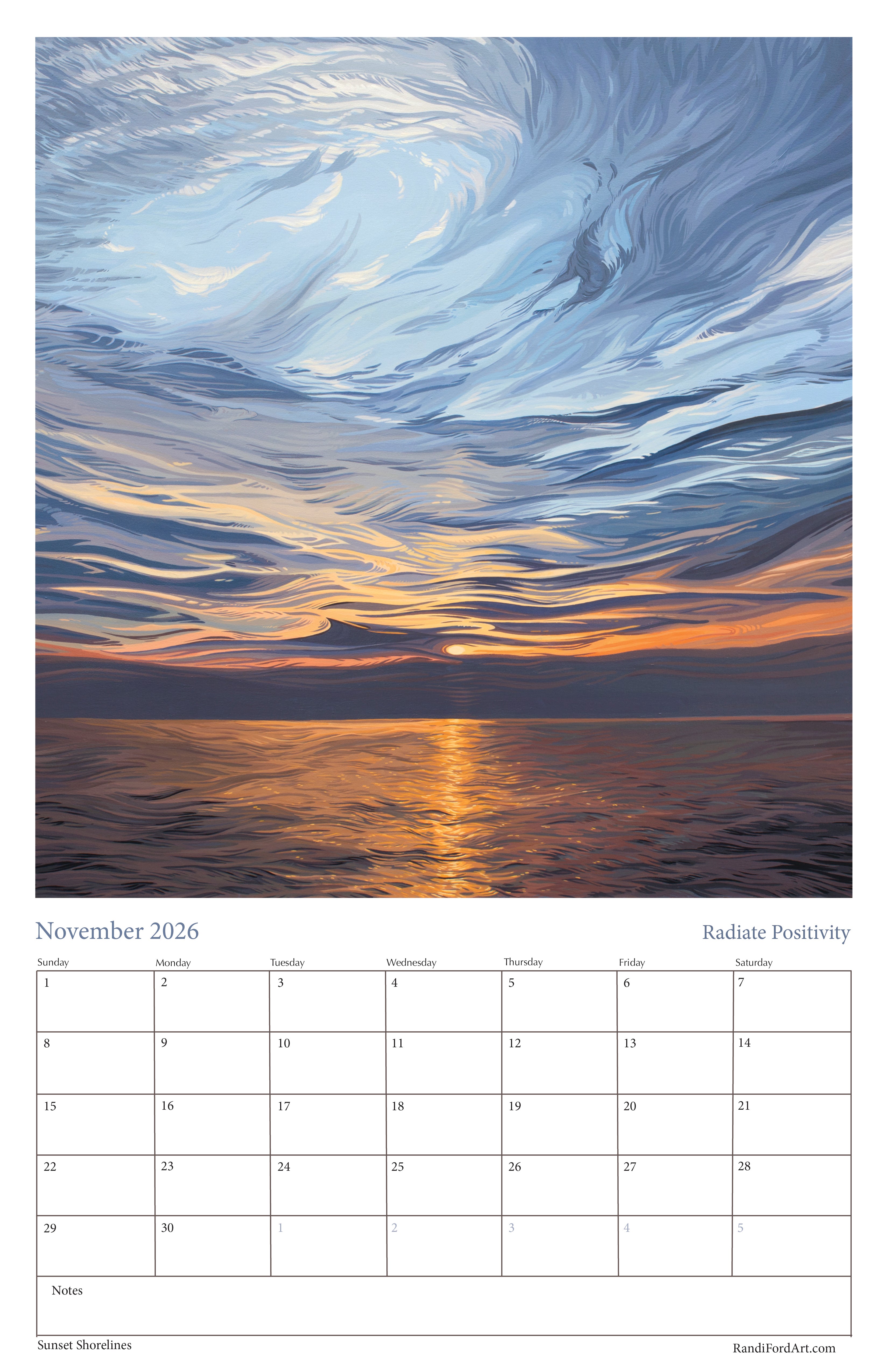 Sunsets Shoreline 2026 Calendar