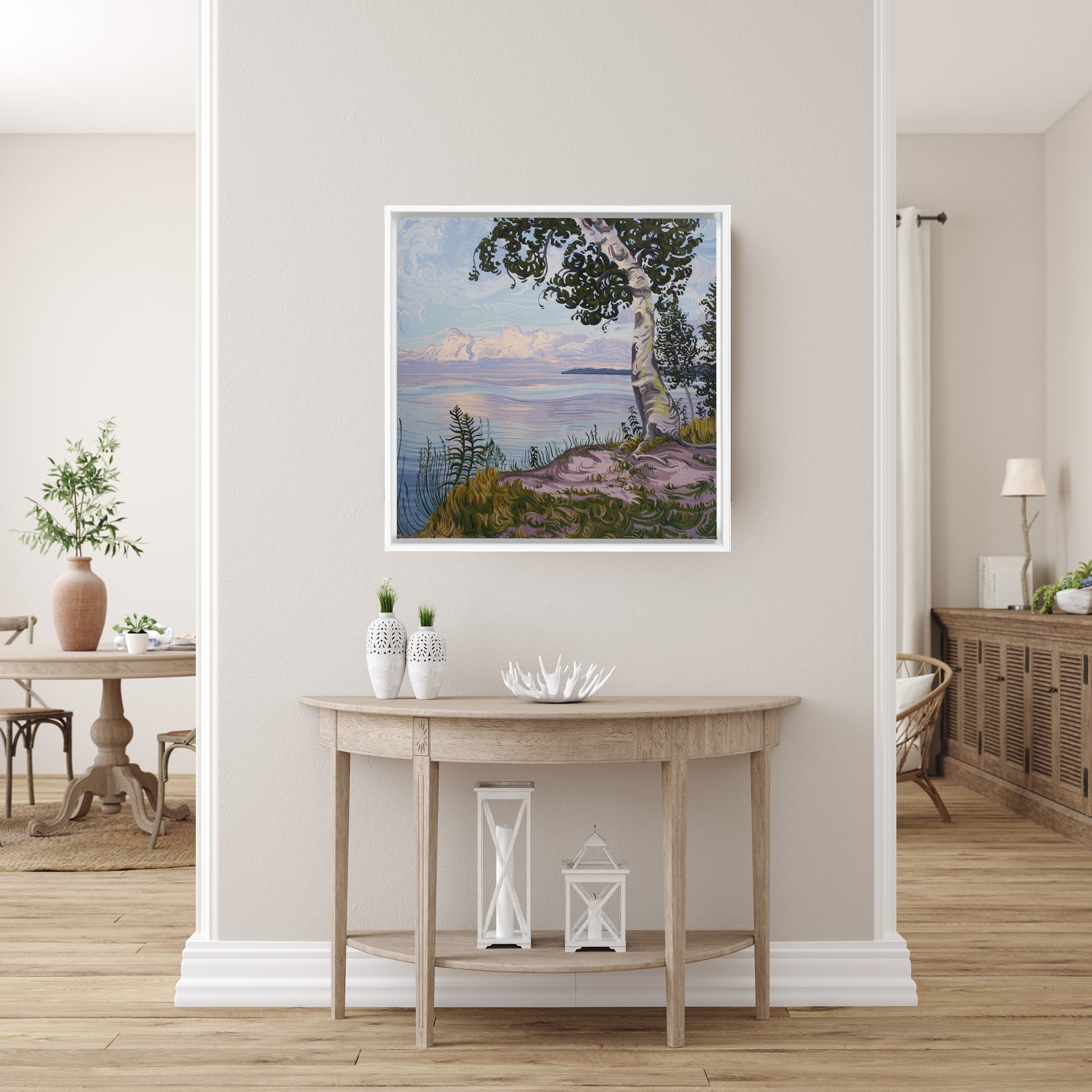 Lake Superior Birch Tree Sunset Painting, Framed Canvas Print - “With Love Things Grow”