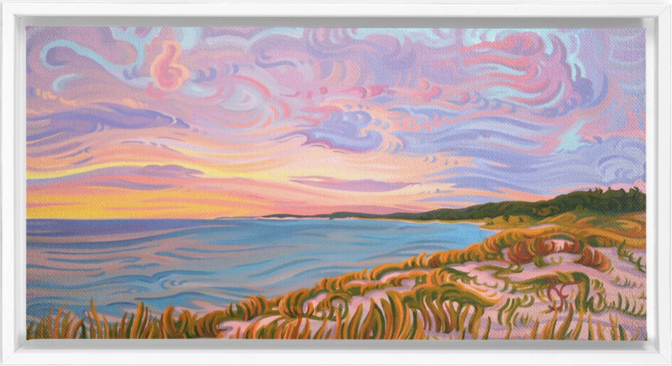 Lake Michigan Shoreline Sunset Painting, Framed Canvas Print - “Pastel Sky”