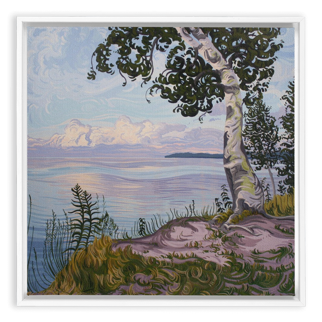 Lake Superior Birch Tree Sunset Painting, Framed Canvas Print - “With Love Things Grow”