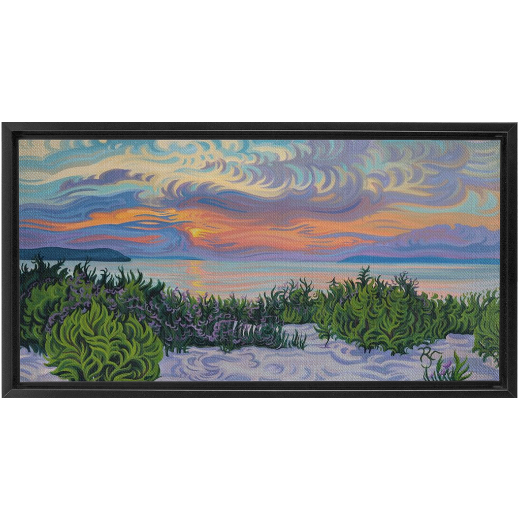 Lake Michigan Sunset Painting, Framed Canvas Print - Summer Scene