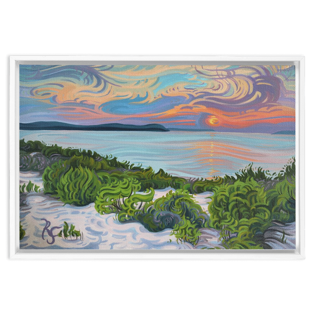 Quiet Contemplation - Lake Michigan Sunset Shoreline - Framed Canvas Print