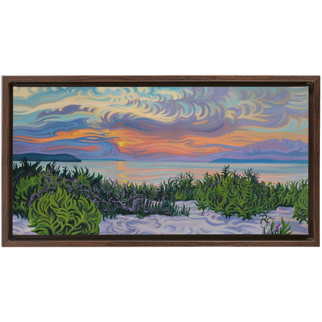 Summer Scene Framed Canvas Print - Lake Michigan Sunset Beach