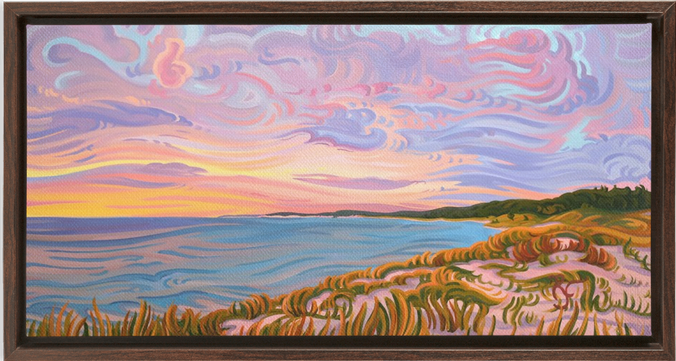 Lake Michigan Shoreline Sunset Painting, Framed Canvas Print - “Pastel Sky”