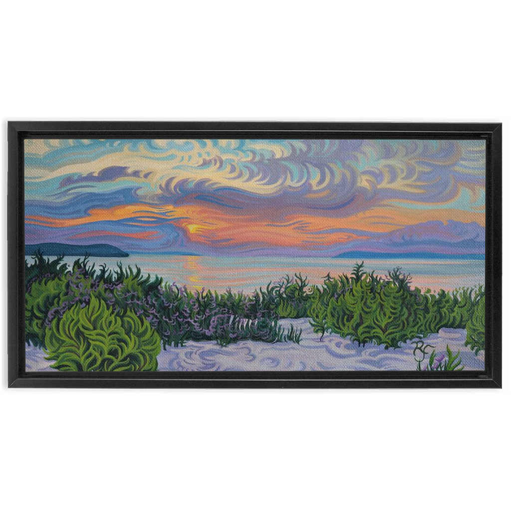 Summer Scene Framed Canvas Print - Lake Michigan Sunset Beach