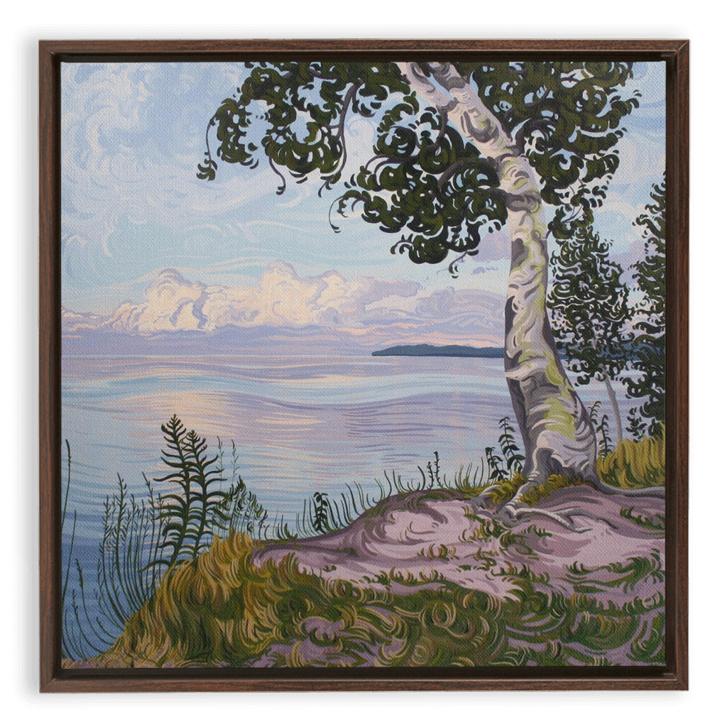 Lake Superior Birch Tree Sunset Painting, Framed Canvas Print - “With Love Things Grow”