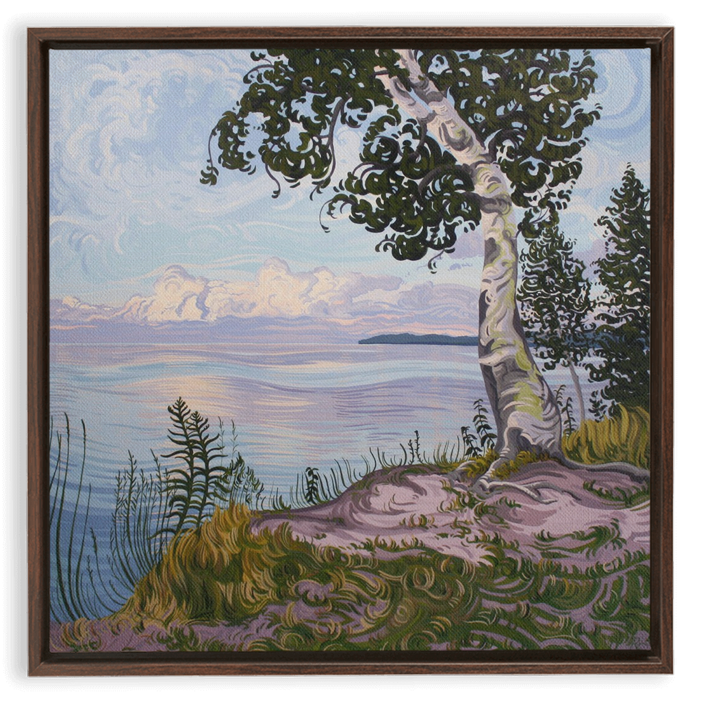 Lake Superior Birch Tree Sunset Painting, Framed Canvas Print - “With Love Things Grow”