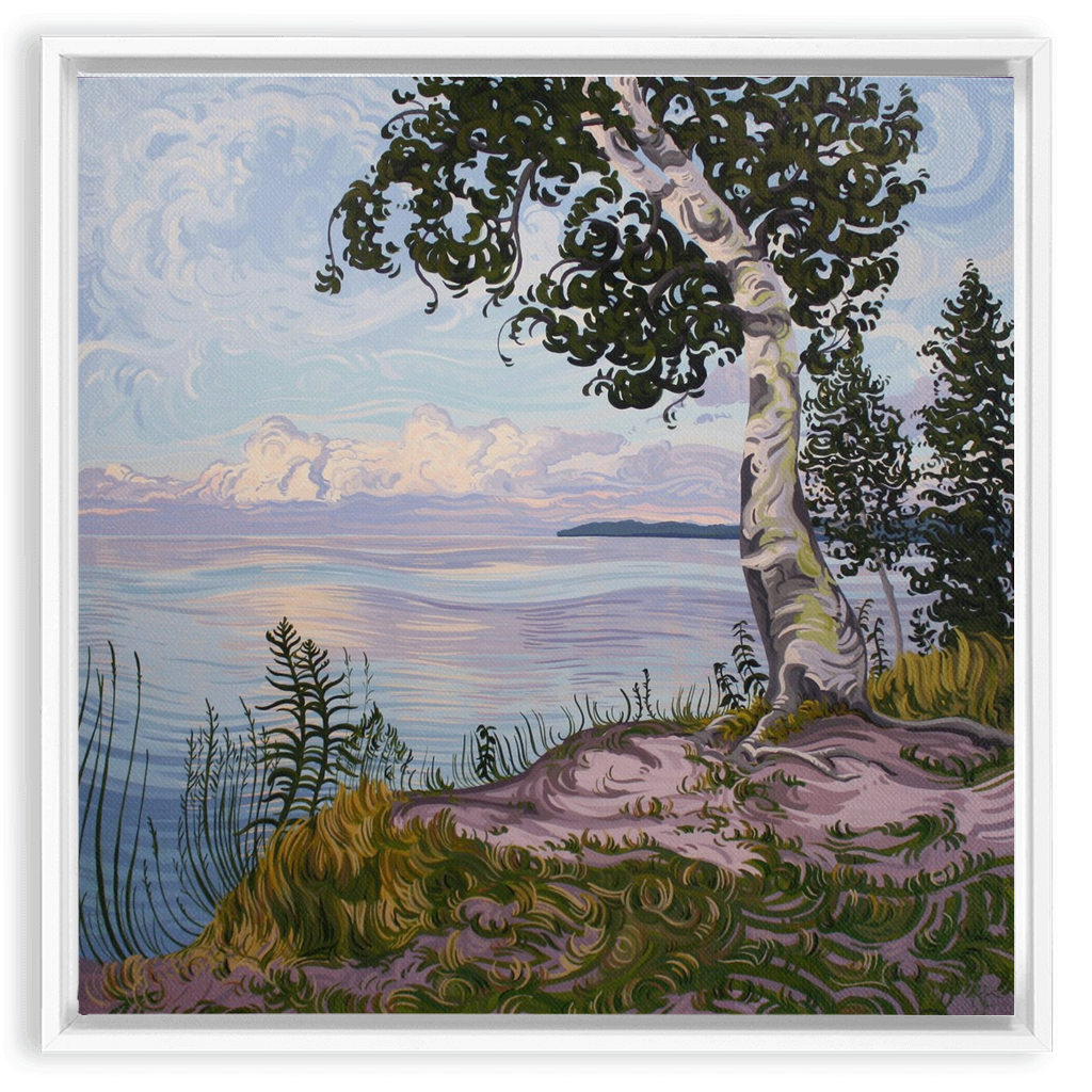 Lake Superior Birch Tree Sunset Painting, Framed Canvas Print - “With Love Things Grow”