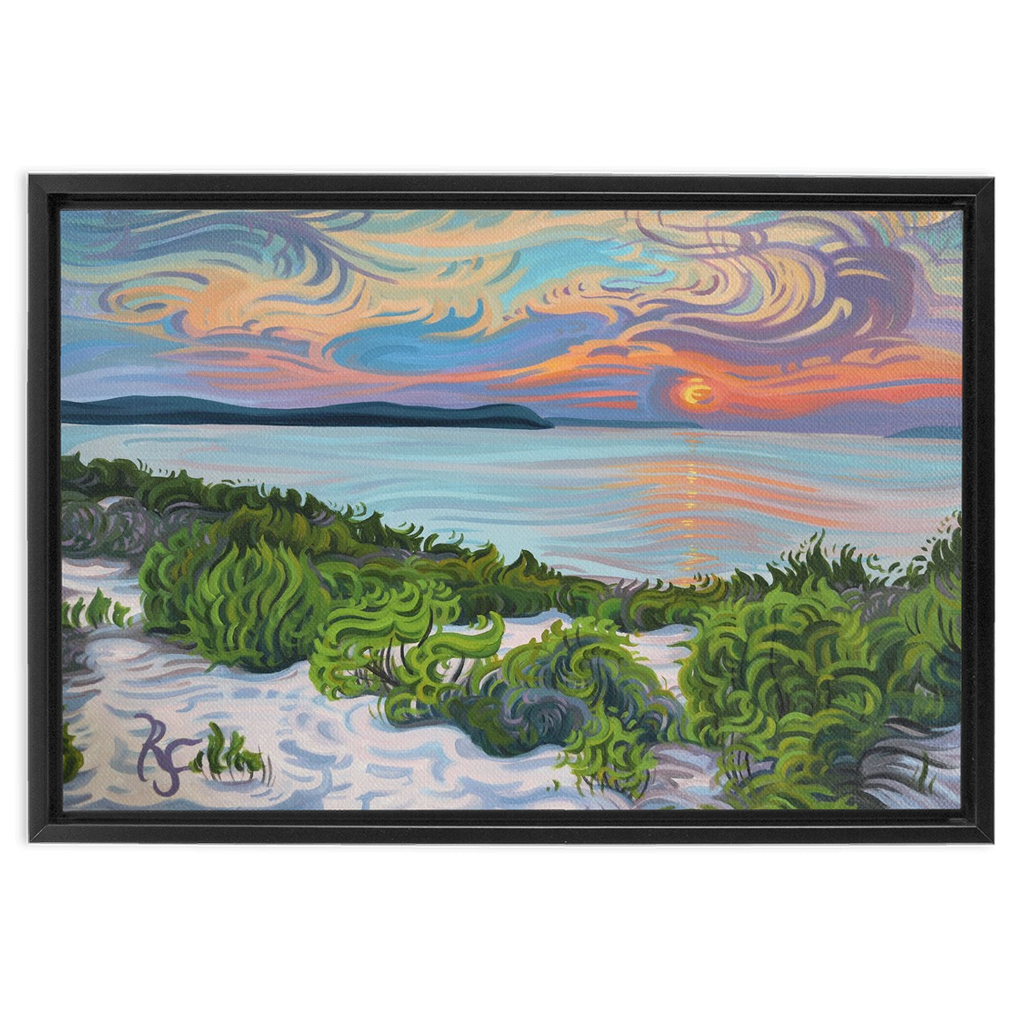 Quiet Contemplation - Lake Michigan Sunset Shoreline - Framed Canvas Print