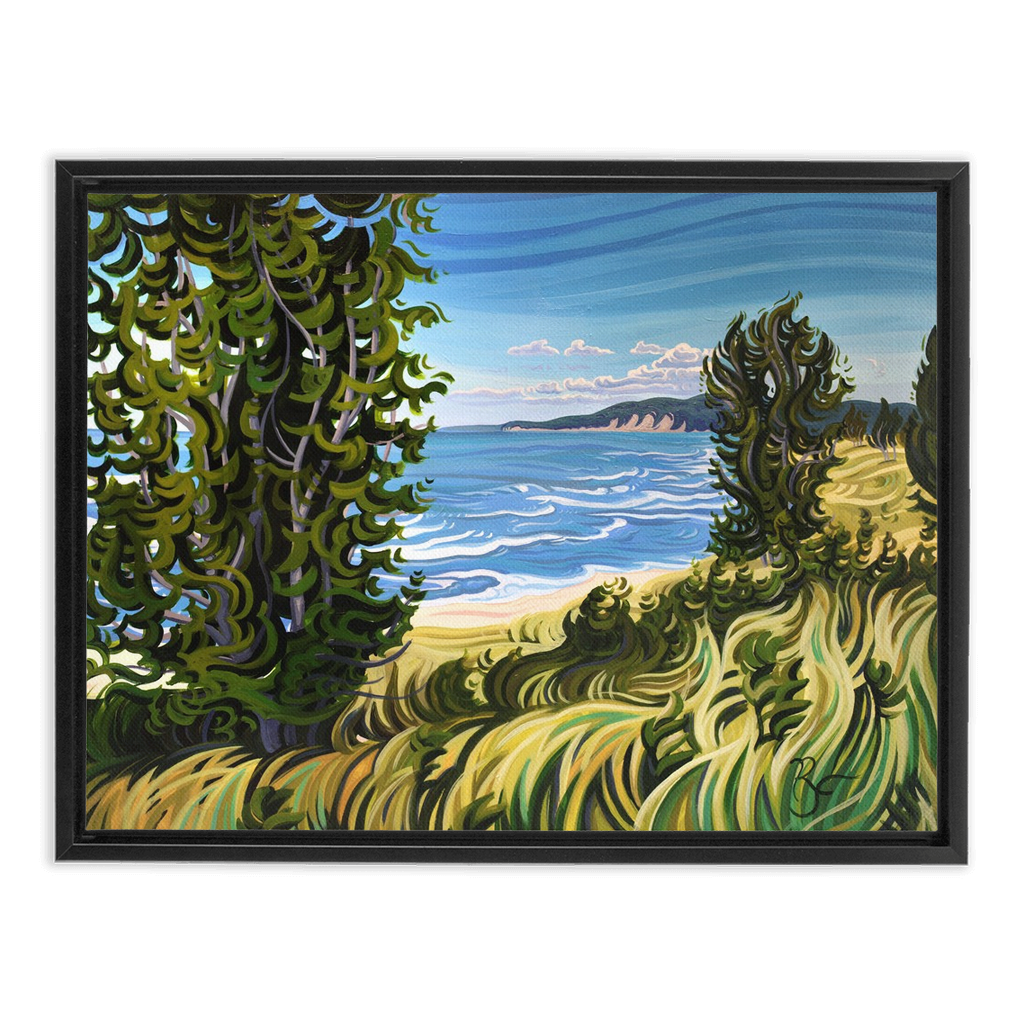 Lake Michigan Beach Painting, Oval Beach Framed Canvas Print - “Conservation at It's Best”