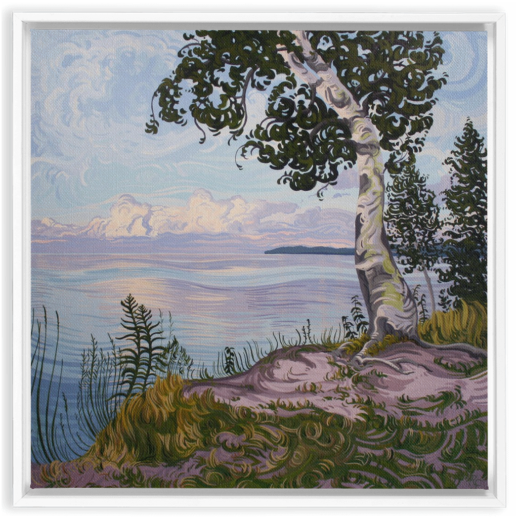Lake Superior Birch Tree Sunset Painting, Framed Canvas Print - “With Love Things Grow”