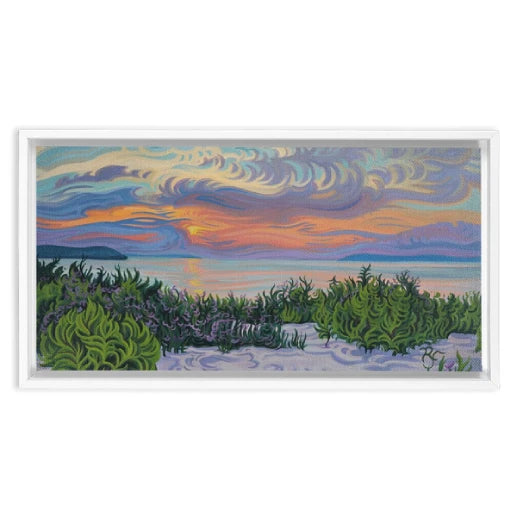 Lake Michigan Sunset Painting, Framed Canvas Print - Summer Scene