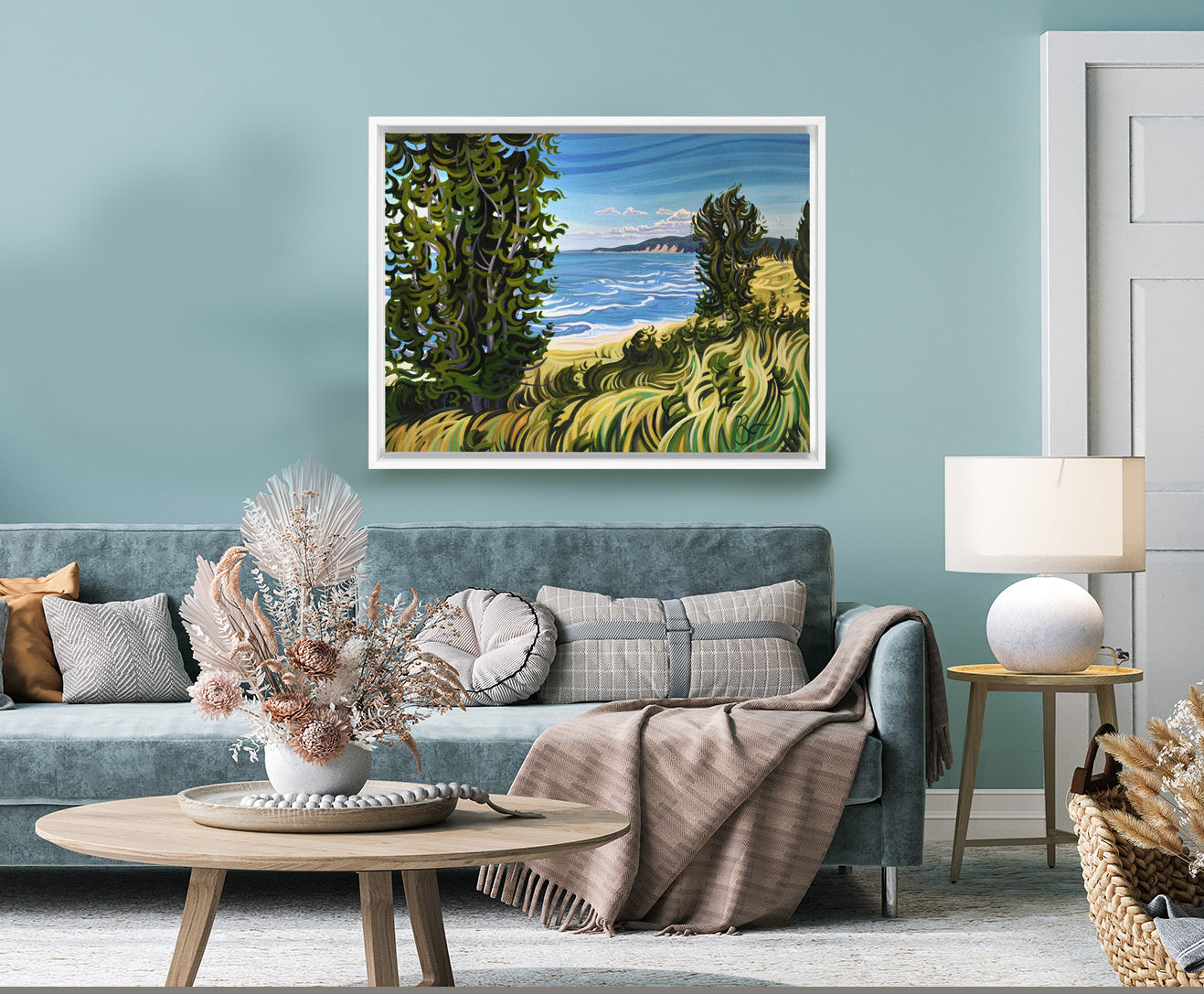 Lake Michigan Beach Painting, Oval Beach Framed Canvas Print - “Conservation at It's Best”