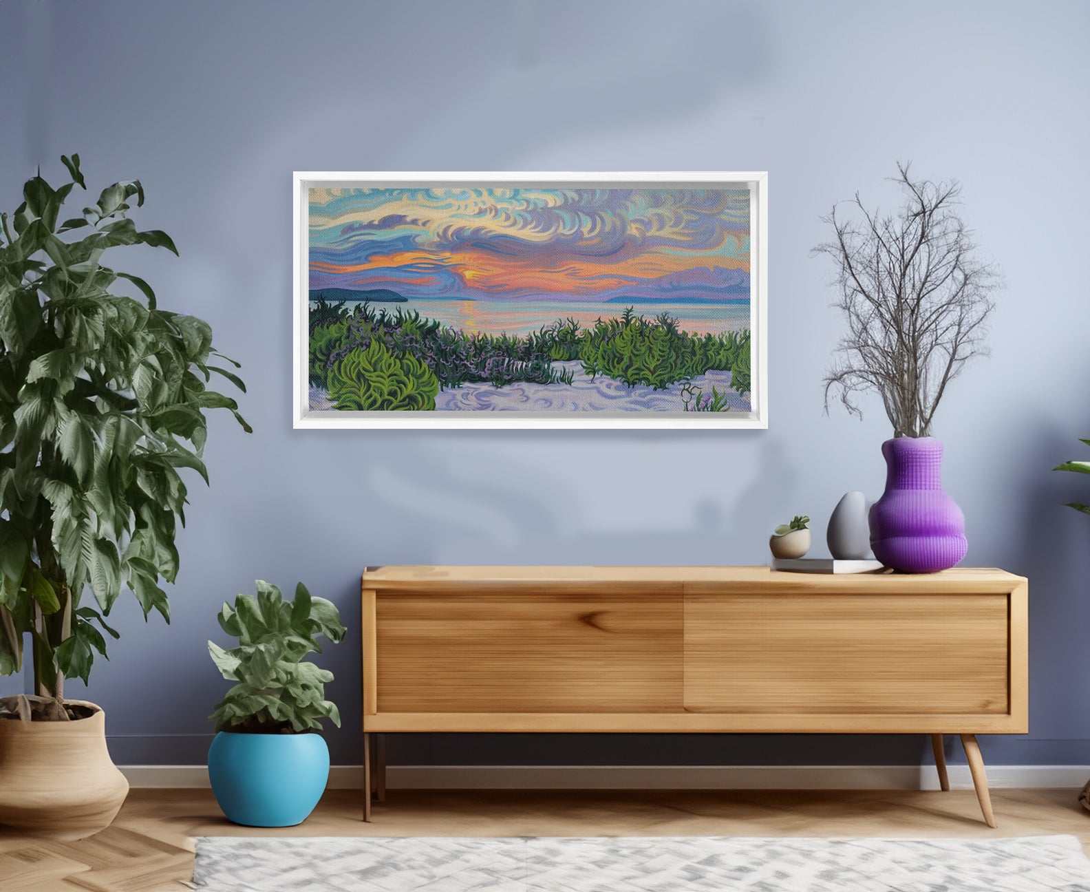 Lake Michigan Sunset Painting, Framed Canvas Print - Summer Scene