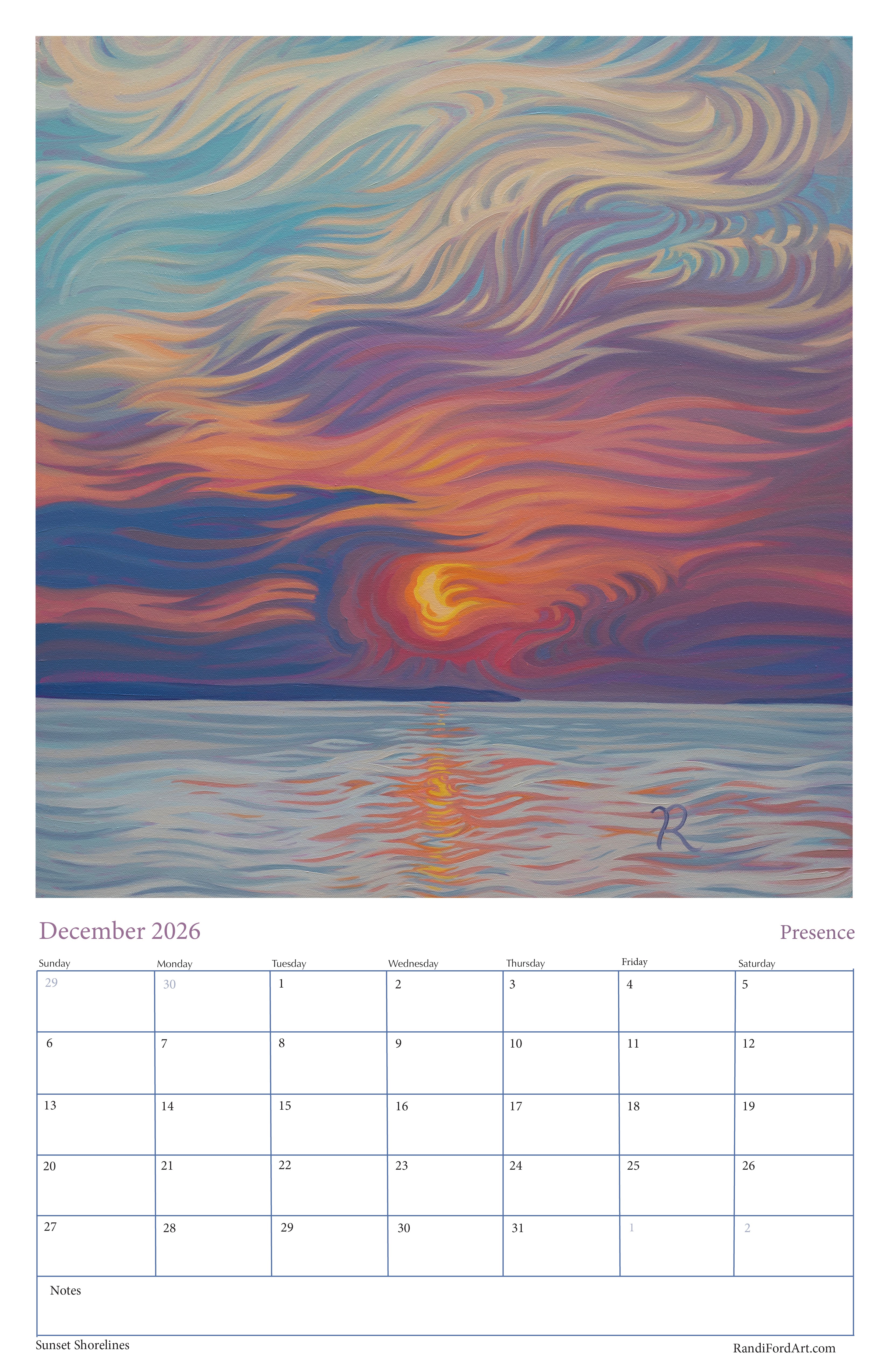 Sunsets Shoreline 2026 Calendar